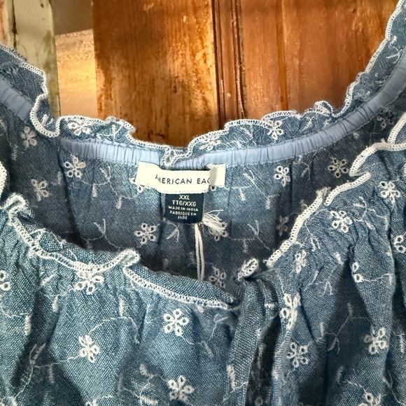 American Eagle Outfitters Denim Floral Ruffle Blouse - Picture 4 of 5